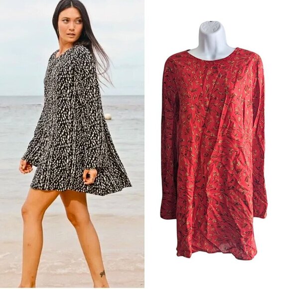 NWOT XIX PALMS Hawaii Ibiza Hippie Boho Red Bell Sleeve Floral Mini Dress Size L - Picture 1 of 7